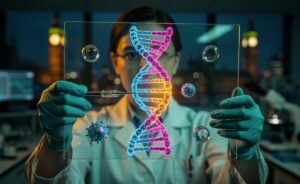 Illustration of gene experts nearing a breakthrough in precise, programmable DNA editing—base and prime editing, epigenetic modulation—amid delivery, ethical, regulatory, and access challenges in the UK