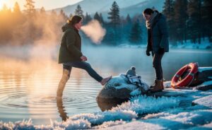 Illustration of a person taking an icy winter open-water dip as a cold exposure health practice debated for its potential benefits and risks