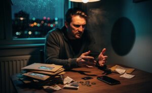 Illustration of chrometophobia, the fear of money, with unopened bills, a muted banking app, and mounting fees