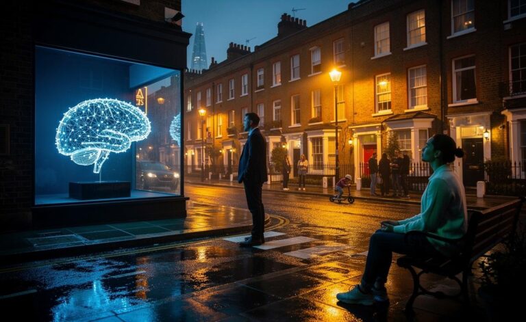 Illustration of the fierce debate on the psychology of happiness in the UK, contrasting genetics, social determinants, and trainable skills