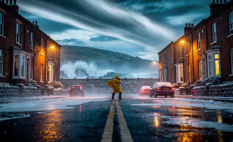 Illustration of an unprecedented UK weather pattern featuring a buckling jet stream, flooding rains, coastal storm surge, and rapid rain-to-snow transitions