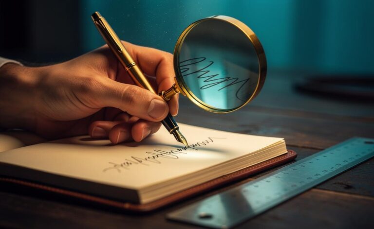 Illustration of a person’s hand writing on paper to analyse handwriting traits—letter size, slant, spacing, speed, and pressure